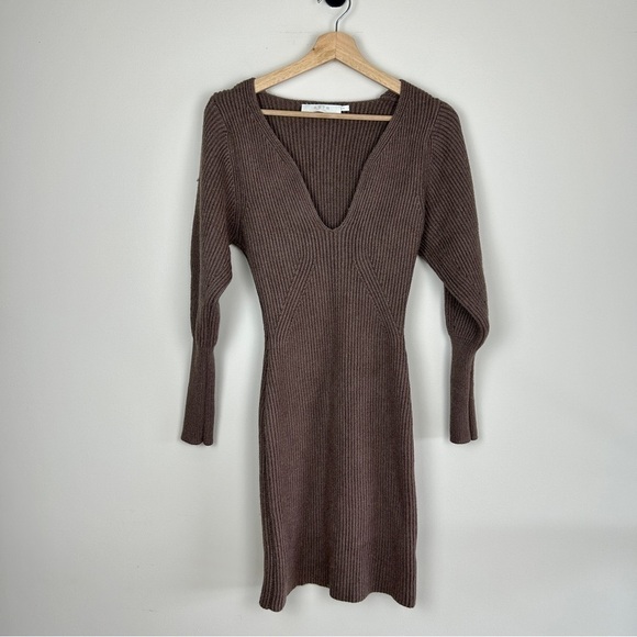 Astr Plunge V-neck Long Sleeve Sweater Dress In Mocha - Picture 2 of 7